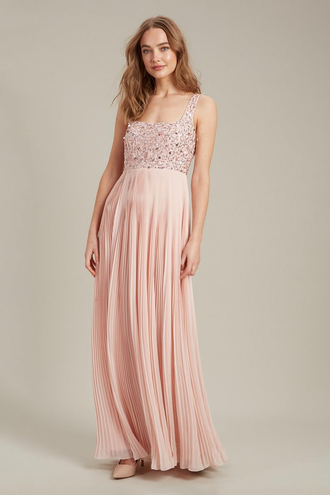 Peach Square Neck Embellished Pleated Maxi Dress image number 1