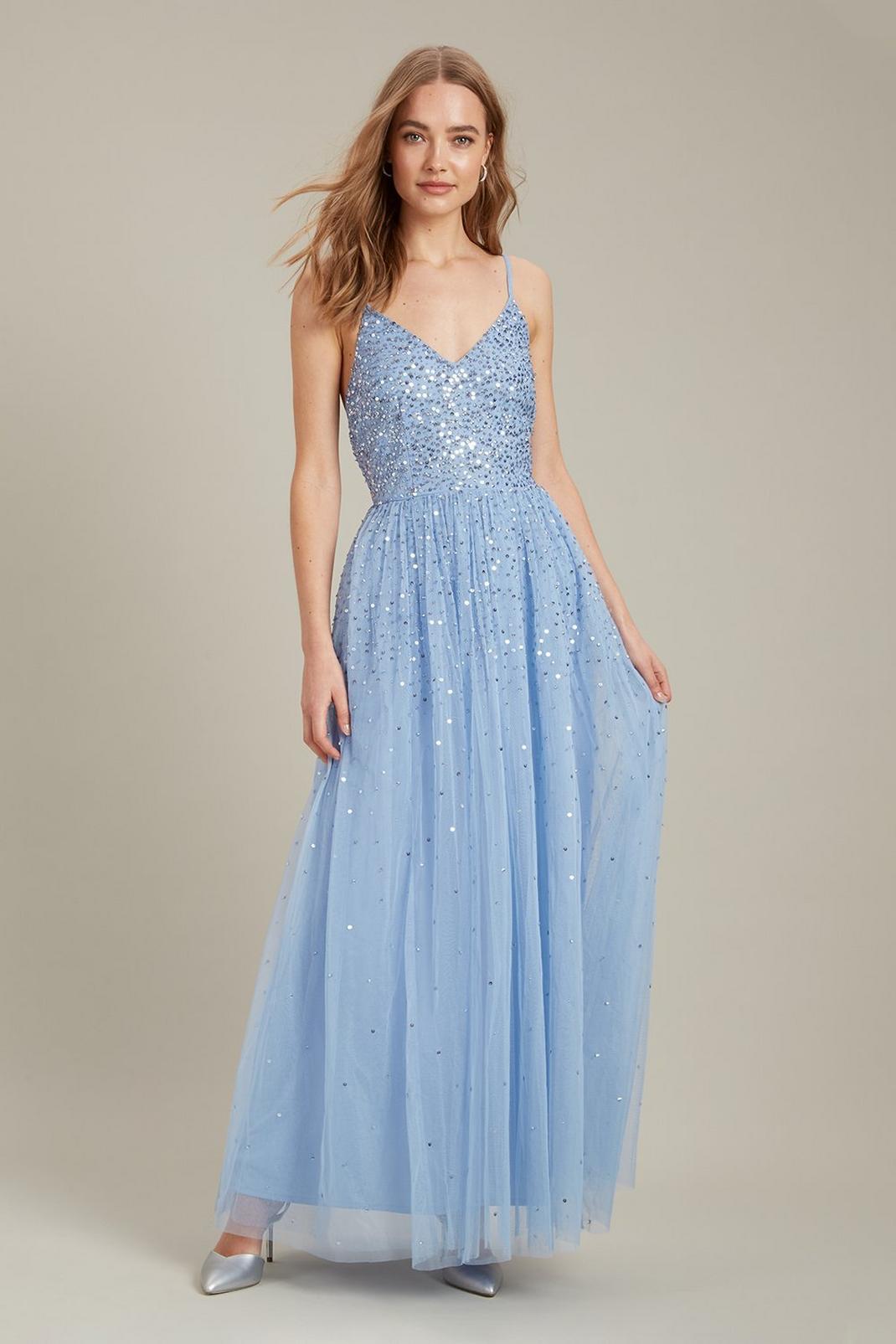 Blue Embellished Strappy Tulle Maxi ​Dress image number 1