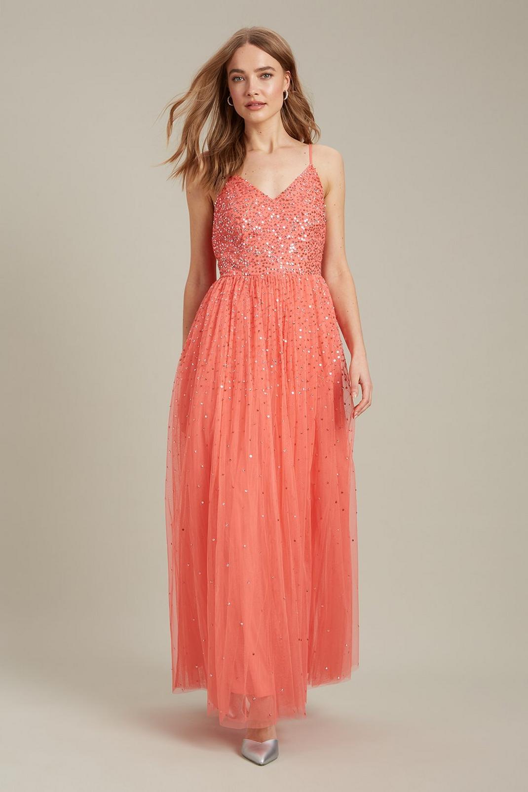 Coral Embellished Strappy Tulle Maxi ​Dress image number 1