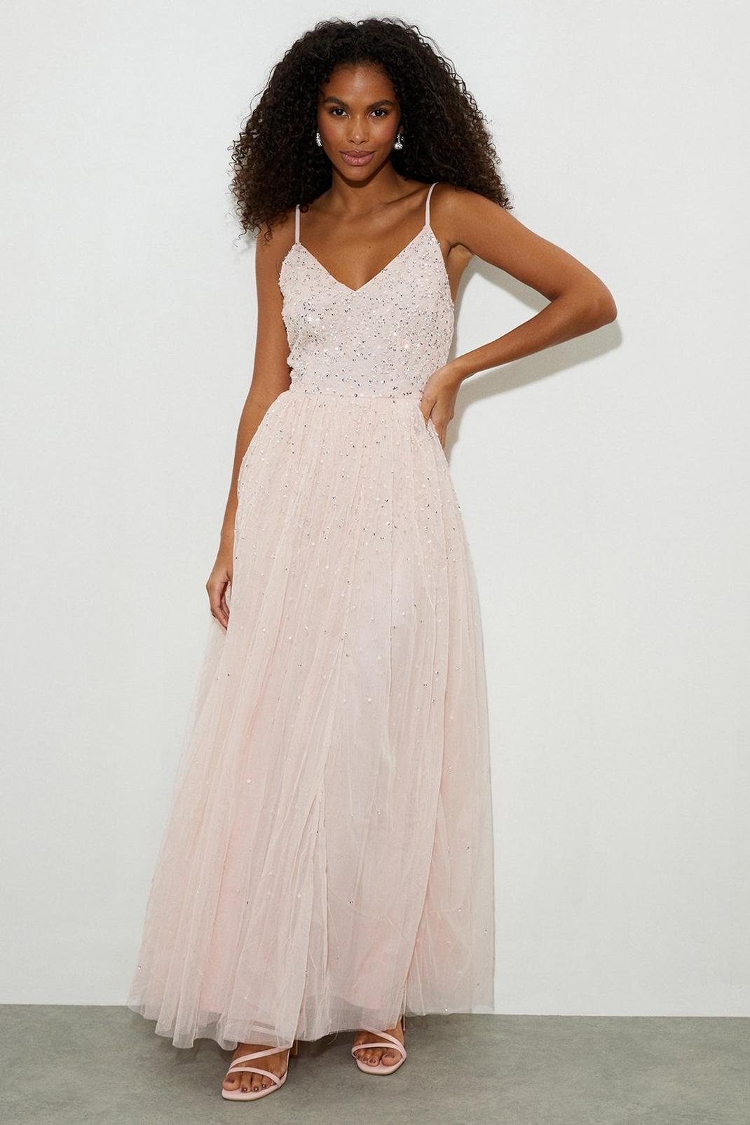 Peach Embellished Strappy Tulle Maxi â€‹Dress image number 1