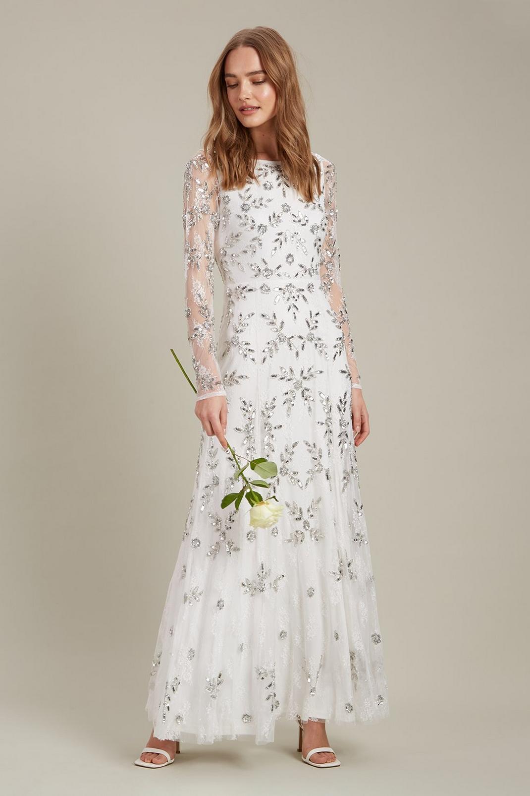 Ivory All Over Embellished Long Sleeve Lace Maxi​ Dress image number 1