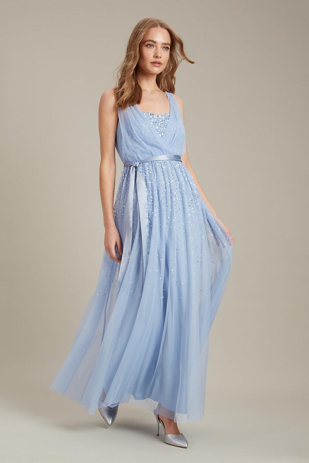 Pale blue Embellished Tulle Wrap Dress image number 1