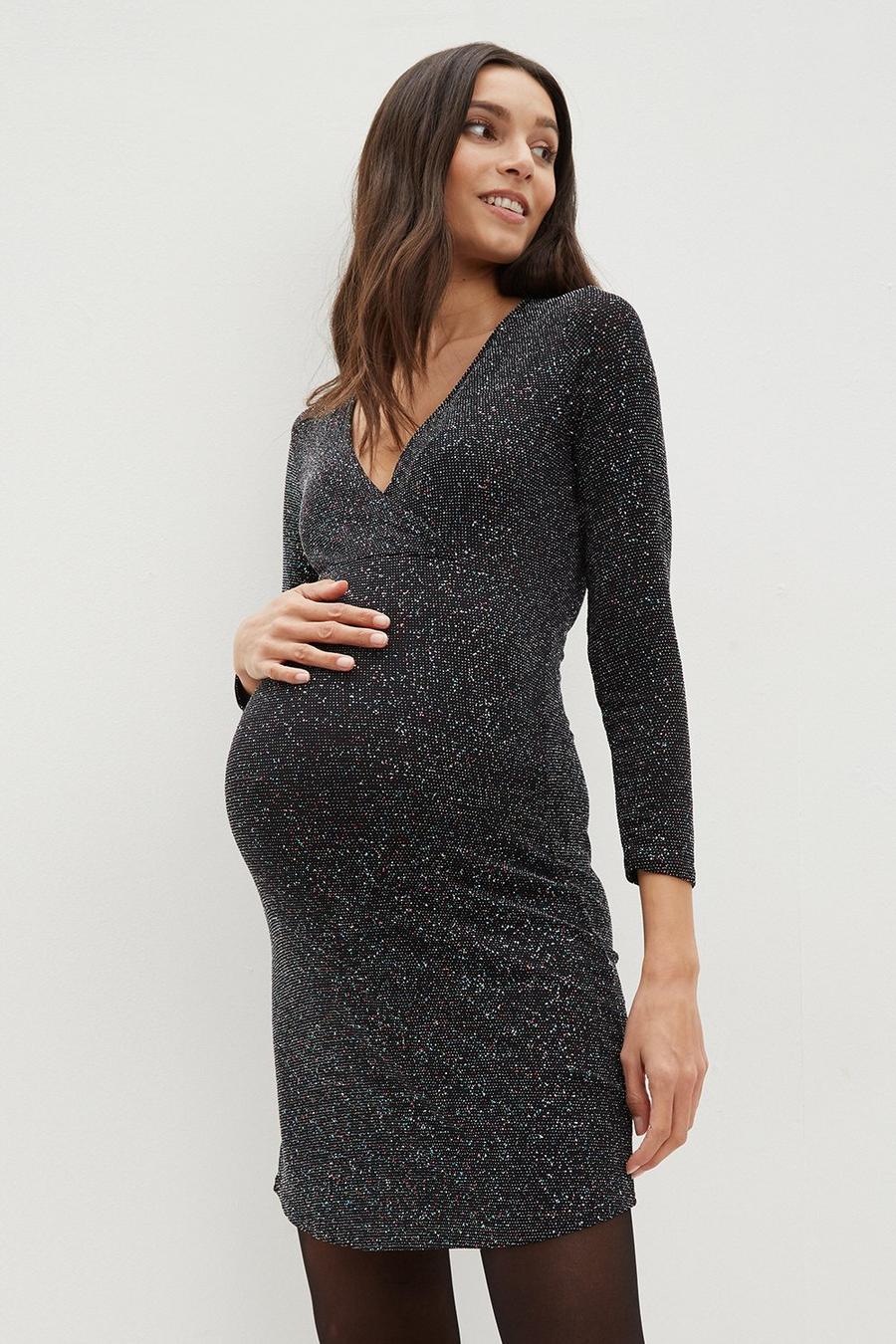 Maternity Black Glitter Side Wrap Mini Dress