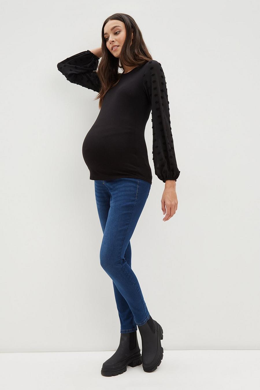 Maternity Black Top with Woven Spot Textured Sleeve