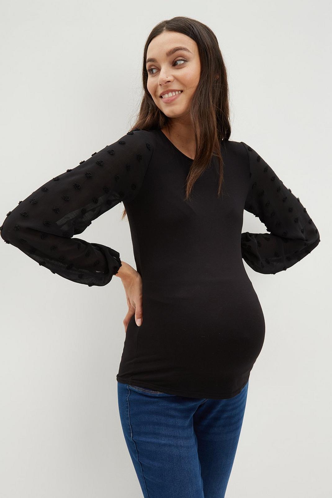 105 Maternity Black Top with Woven Spot Textured Sleeve image number 2