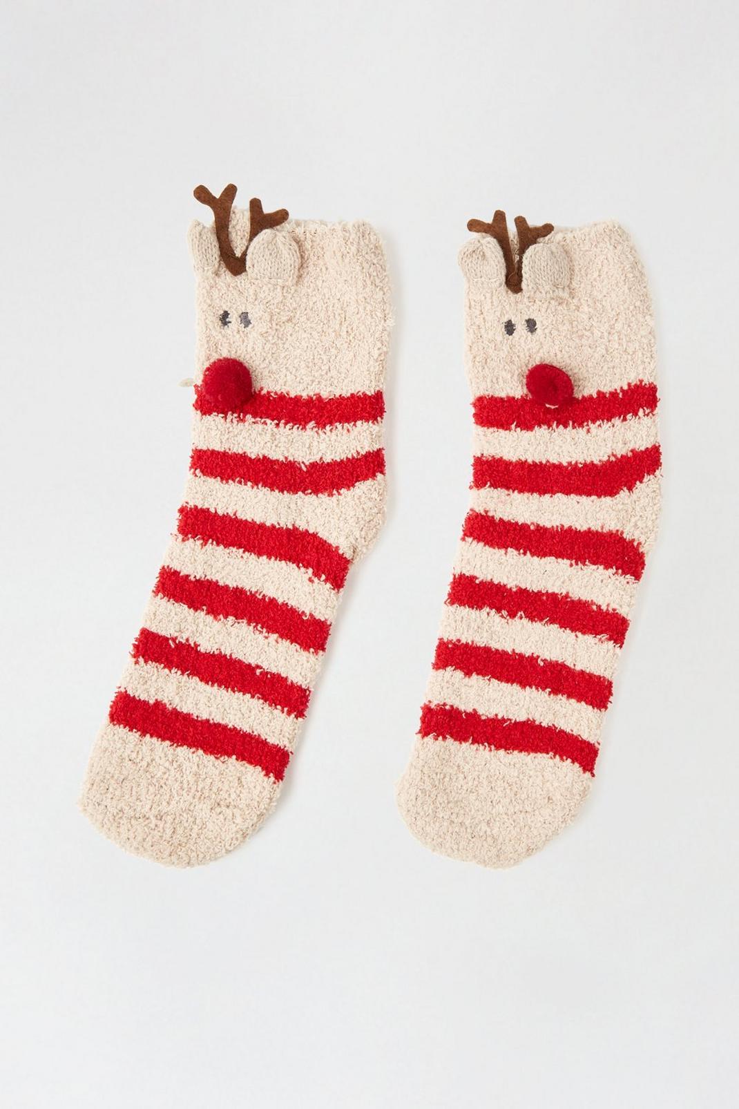 Red Fluffy Striped Reindeer Socks image number 1