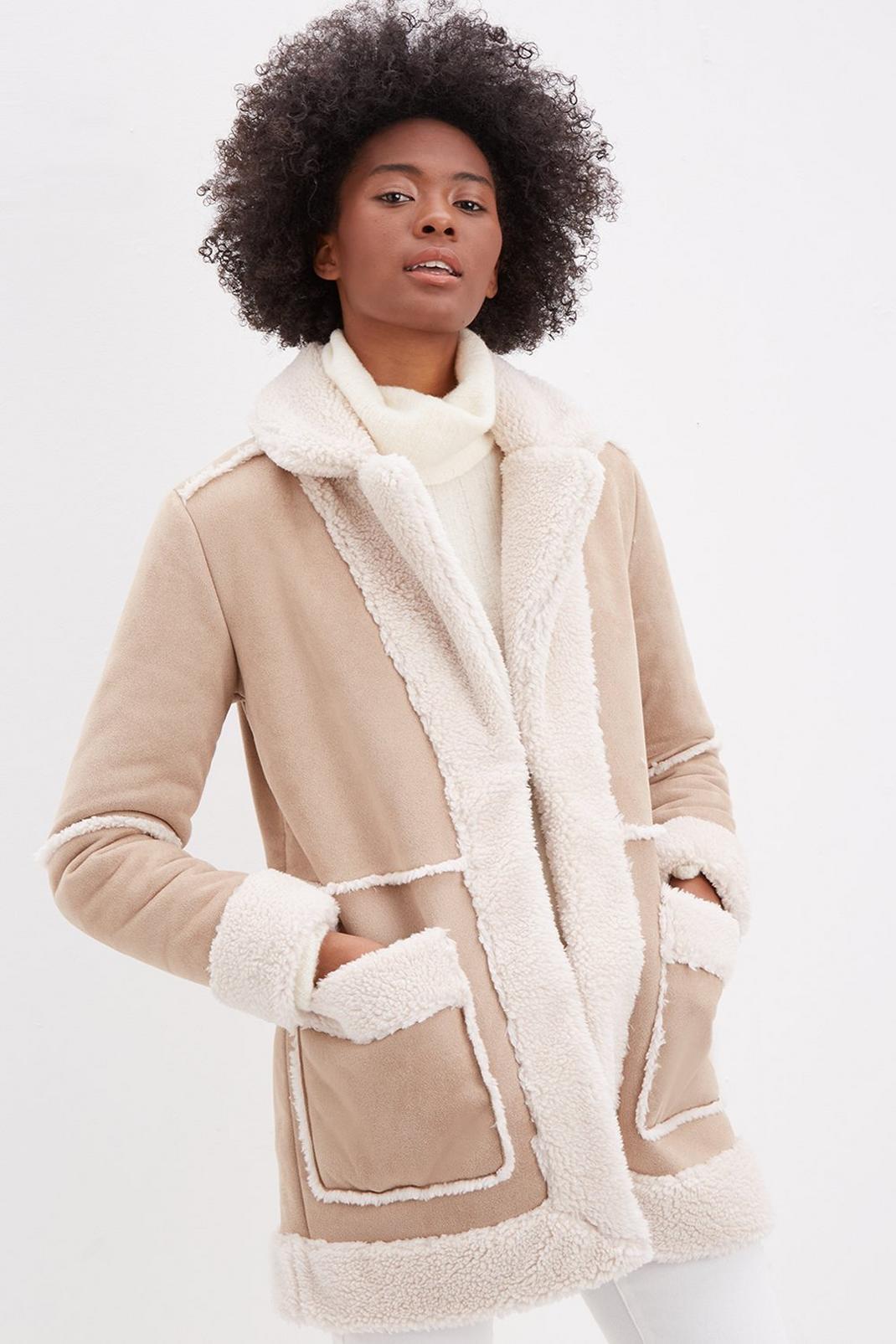 Cream Faux Shearling Coat image number 1