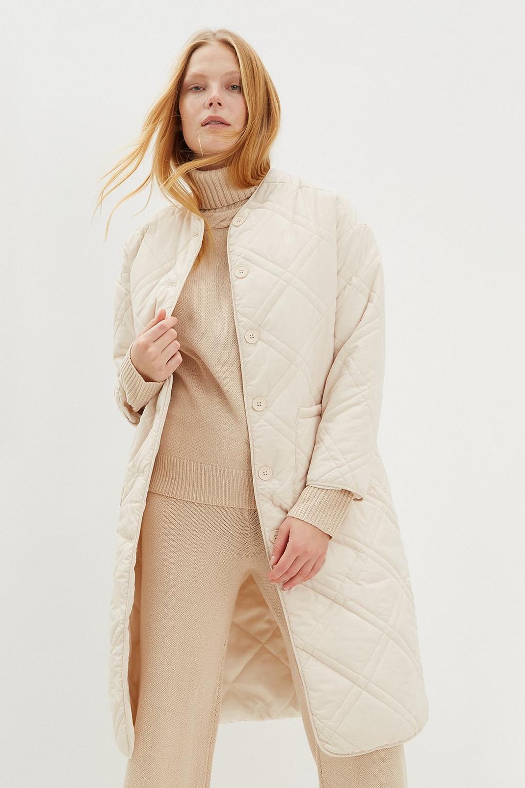 Cream Quilted Longline Duster Coat image number 1
