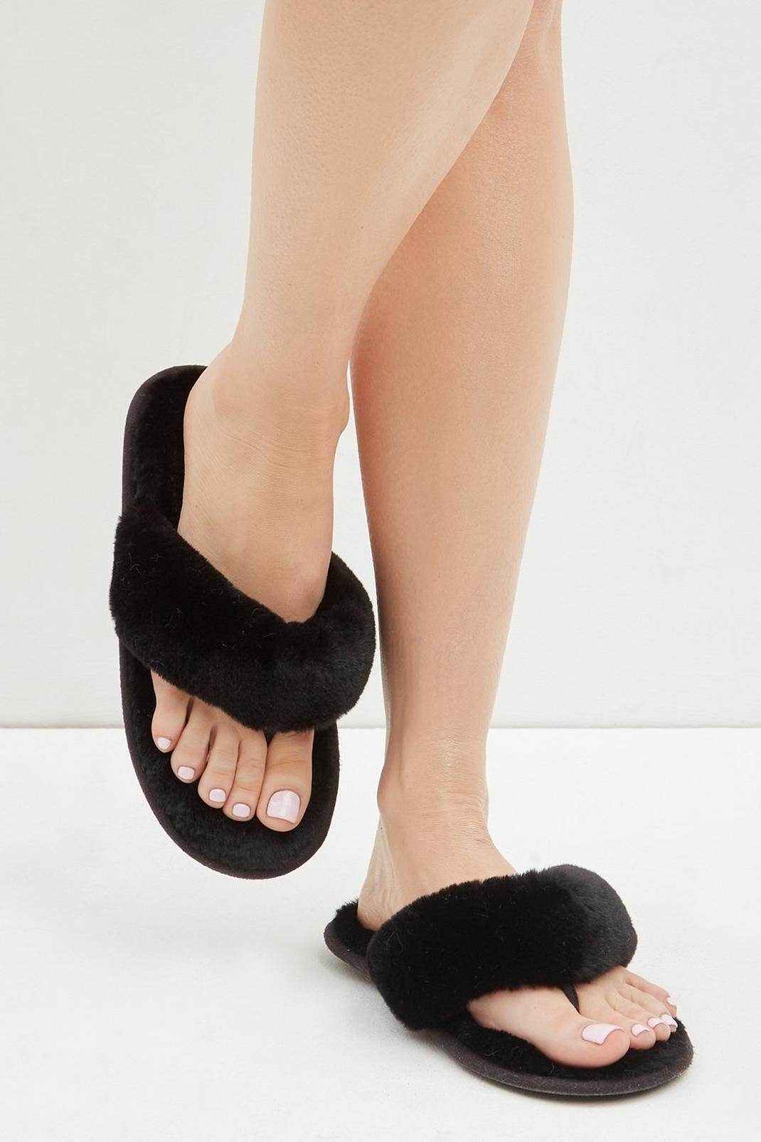 Black Hanna Faux Fur Toe Thong Slippers image number 1