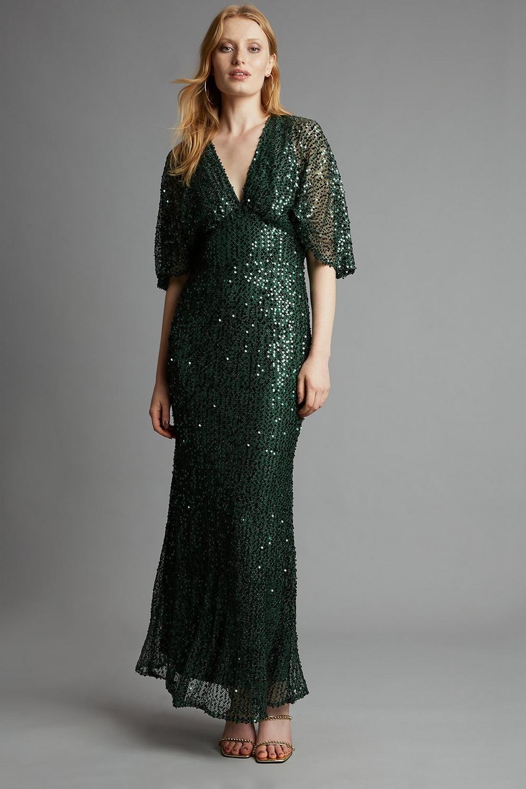 Green Angel Sleeve Sequin Maxi Dress image number 1