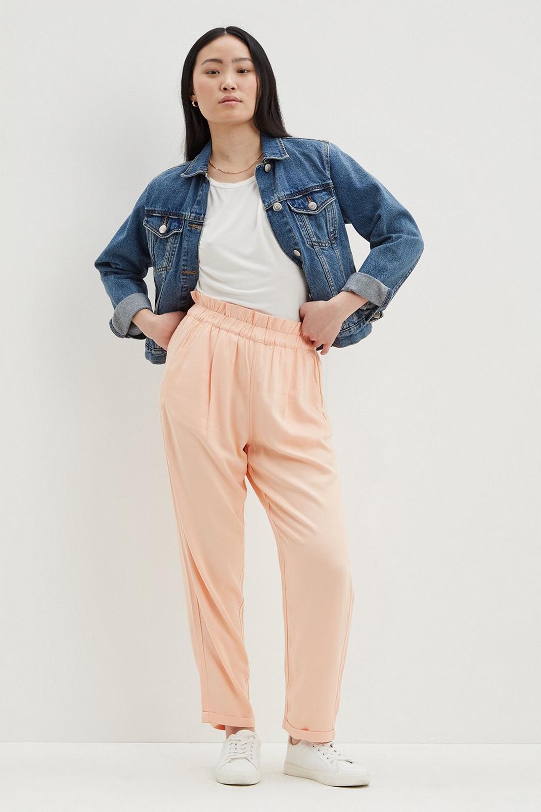 Peach Petite Paperbag Waist Straight Twill Trousers image number 1
