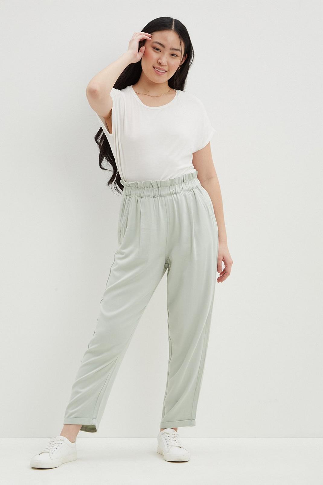 Sage Petite Paperbag Waist Straight Twill Trousers image number 1