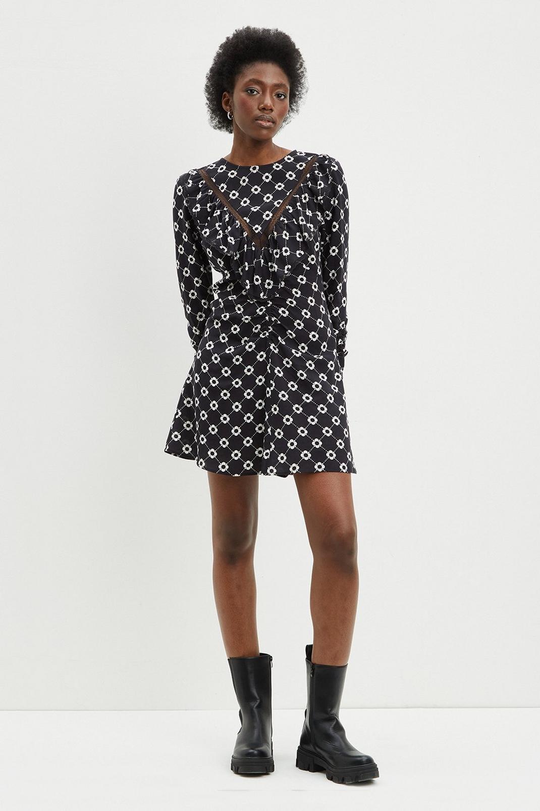 Black Mono Print Lace Insert Frill Mini Dress image number 1