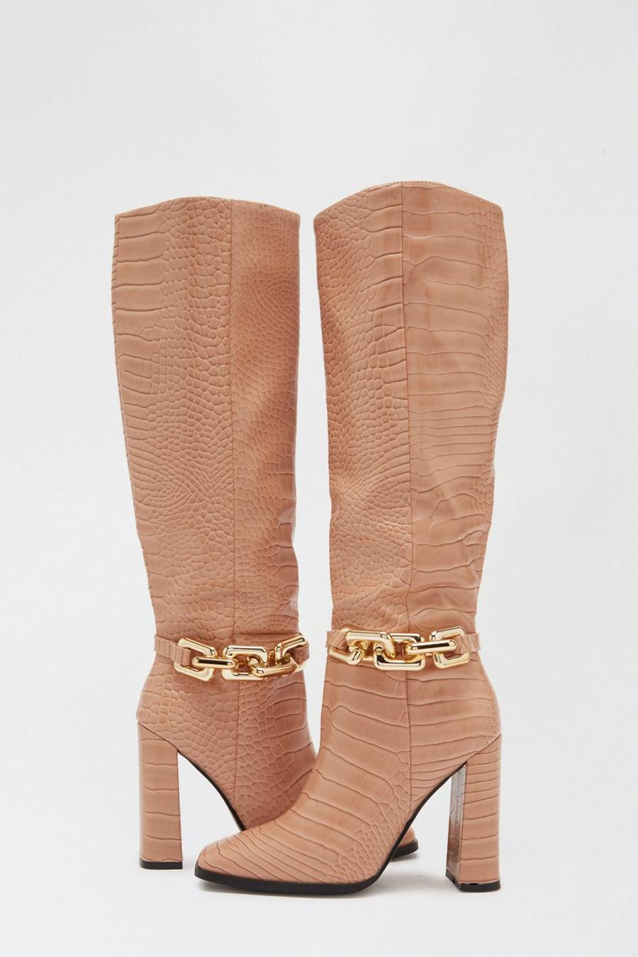 Faith: Kayla Chunky Chain Heeled Long Boots