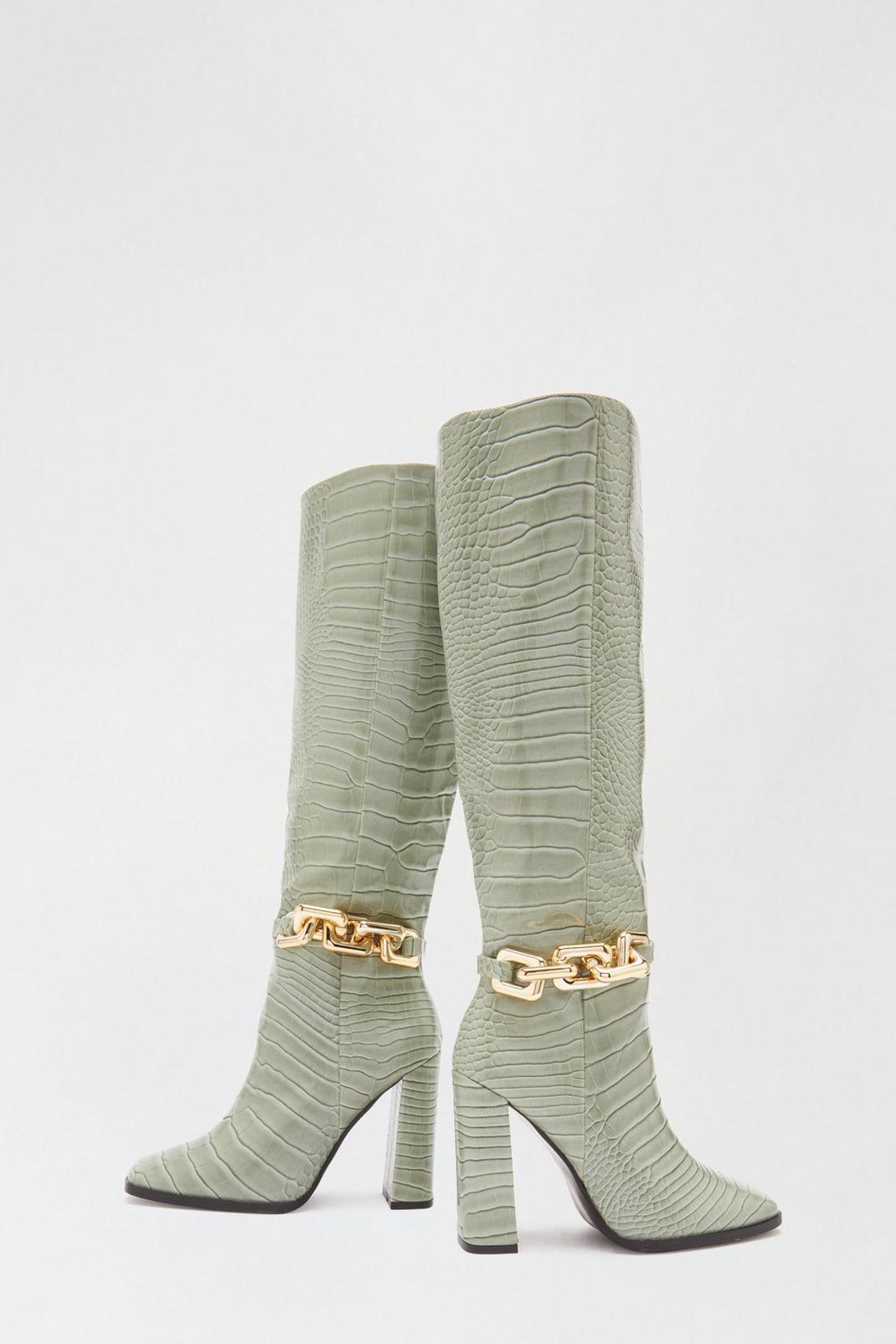 Green Faith: Kayla Chunky Chain Heeled Long Boots image number 1
