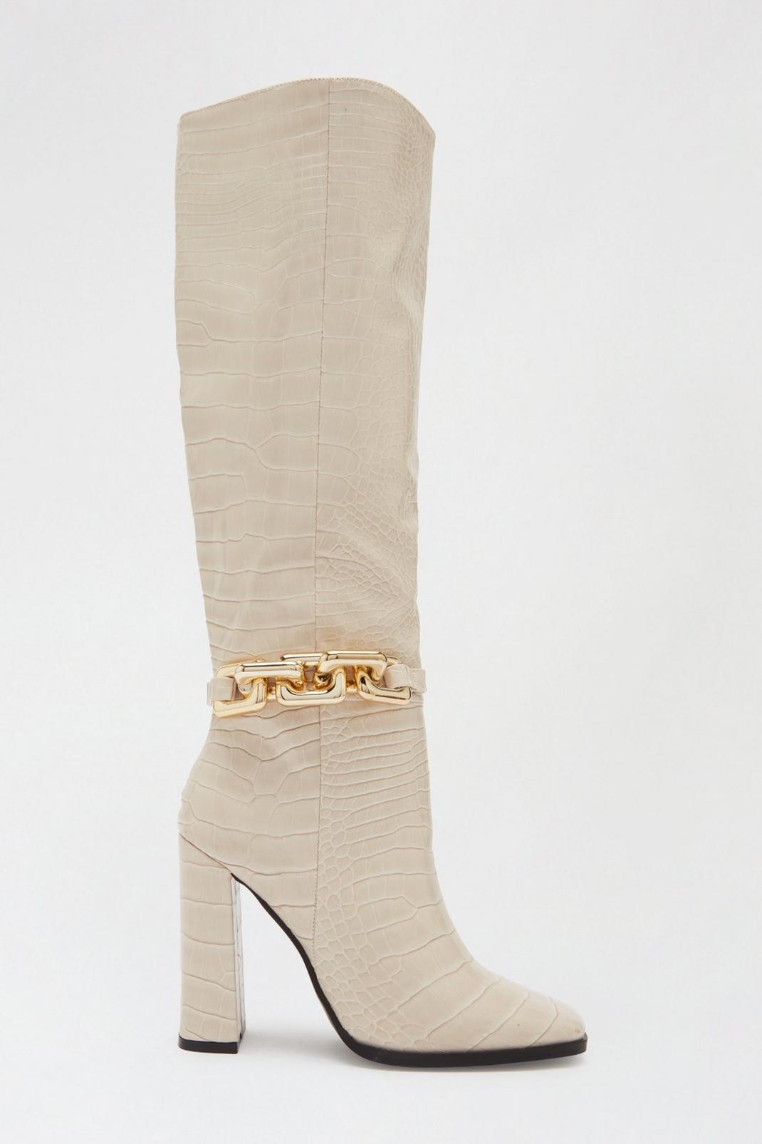 White Faith: Kayla Chunky Chain Heeled Long Boots image number 1