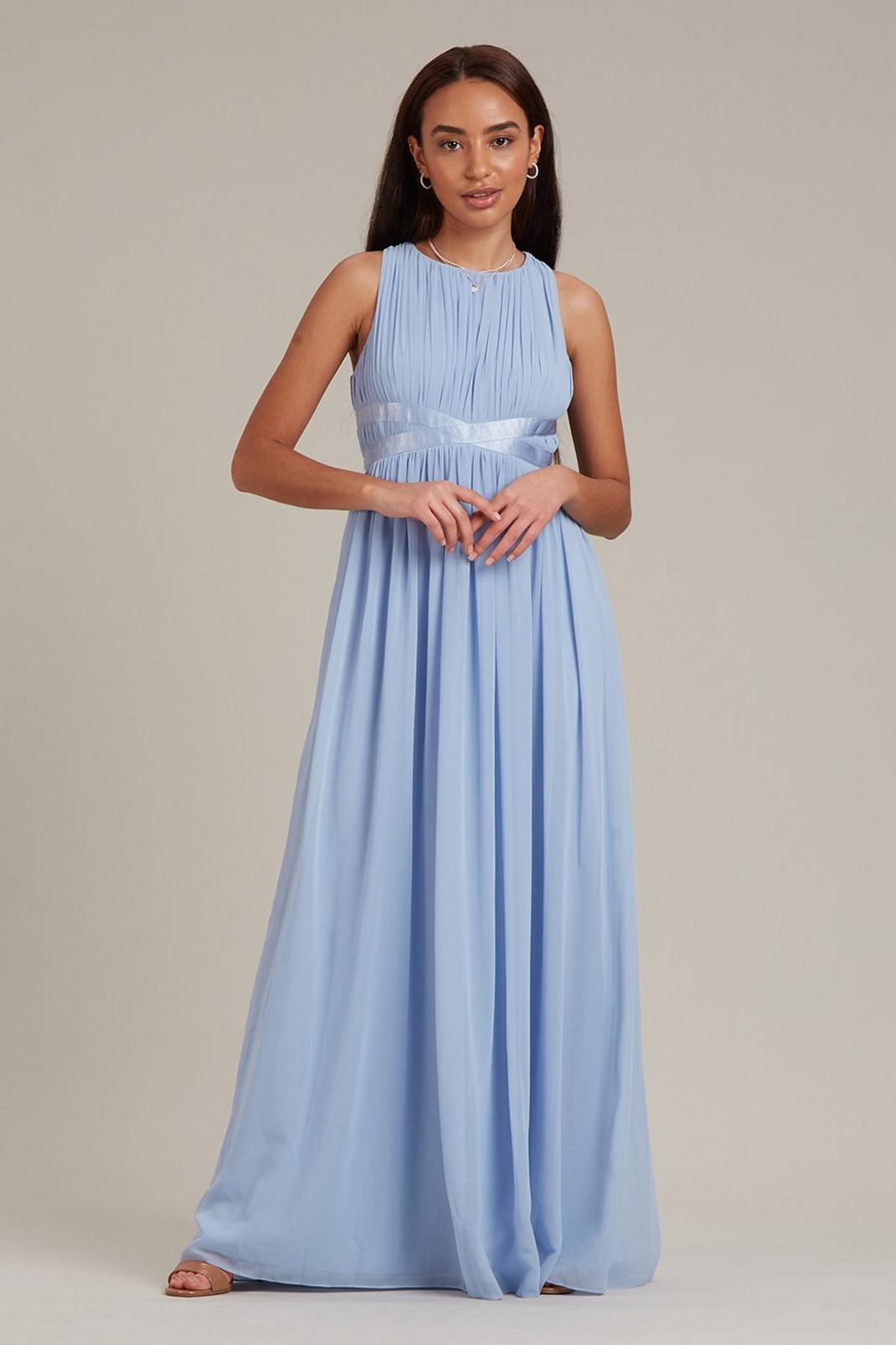 Blue Petite Satin Cross Waist Chiffon Maxi Dress image number 1