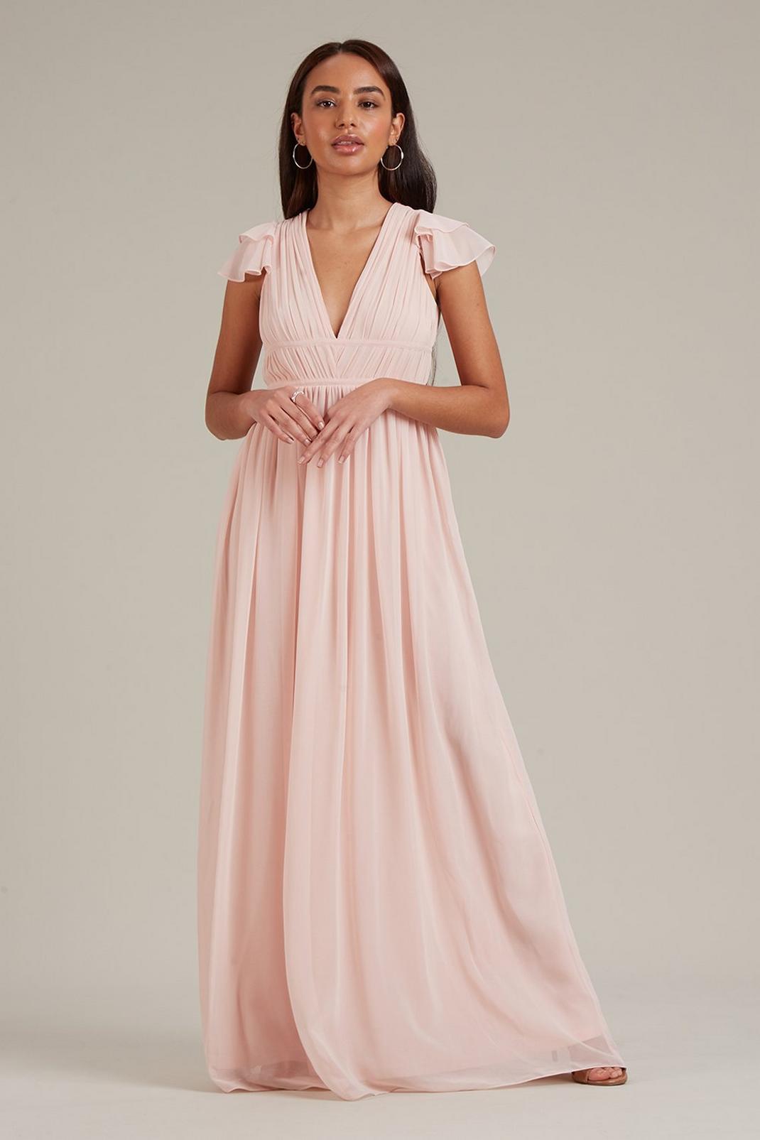 Peach Petite Angel Sleeve Pleated Chiffon Maxi Dress image number 1