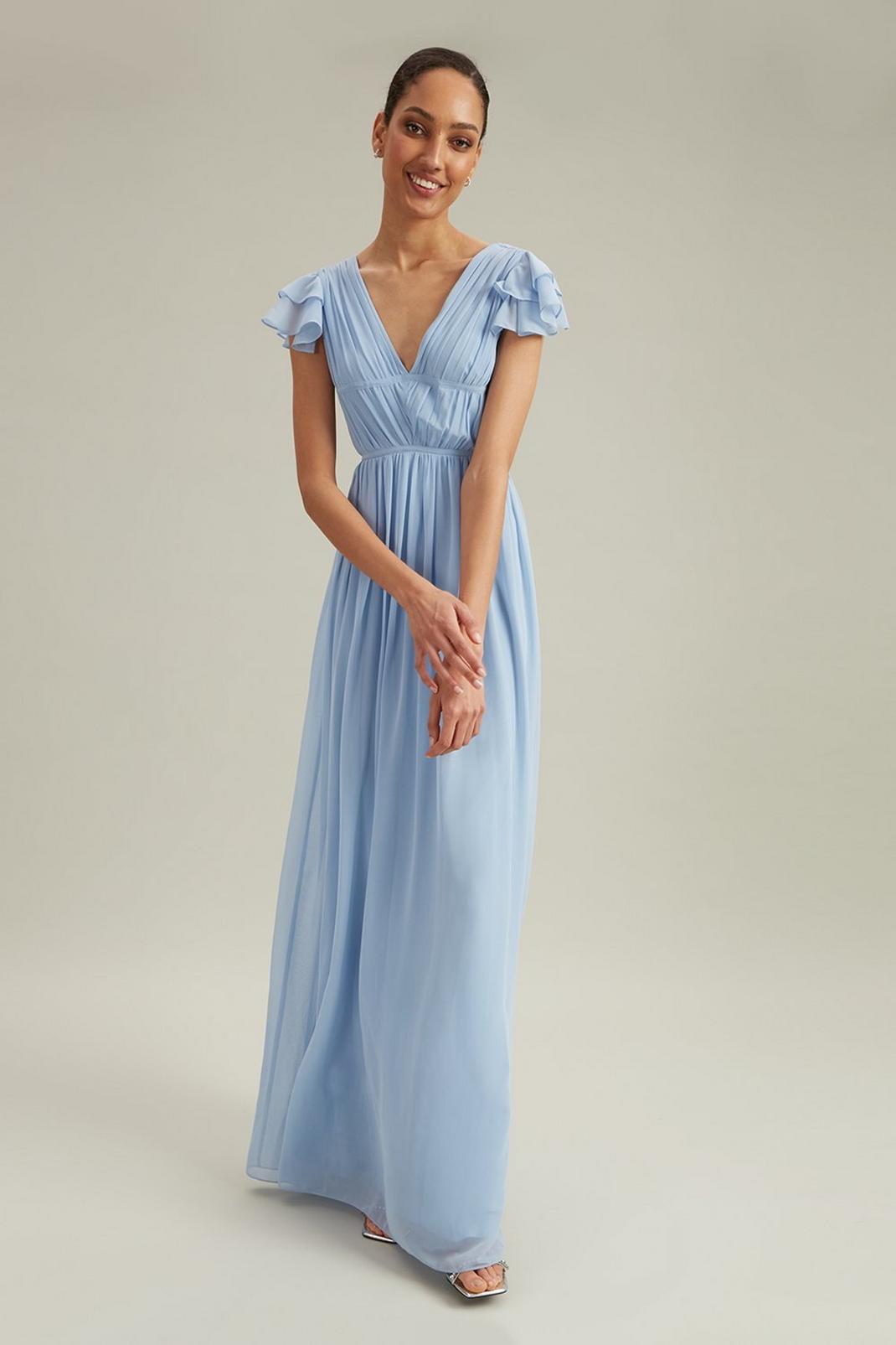Blue Tall Angel Sleeve Pleated Chiffon Maxi Dress image number 1