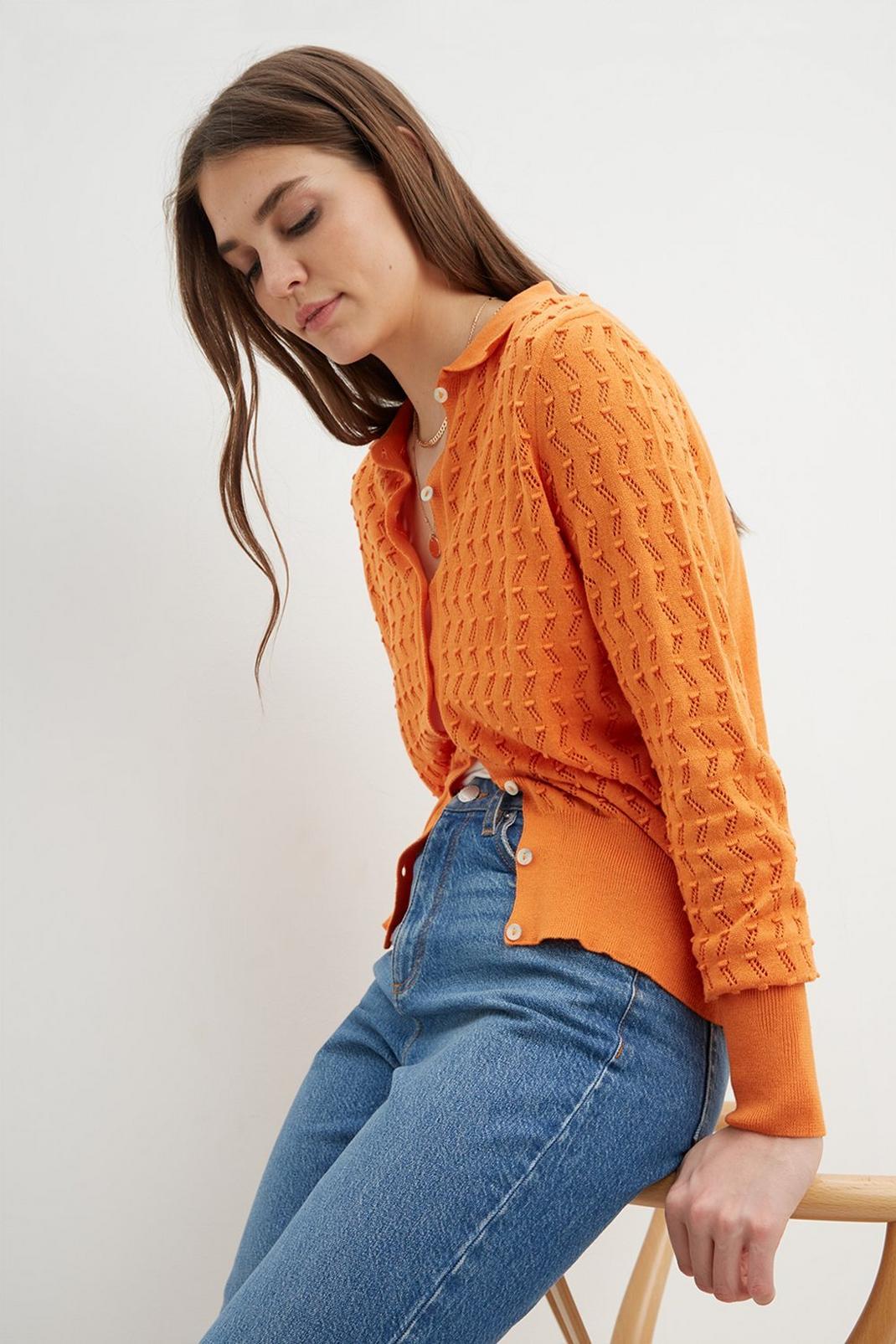 Orange Pointelle Button Knitted Shirt  image number 1
