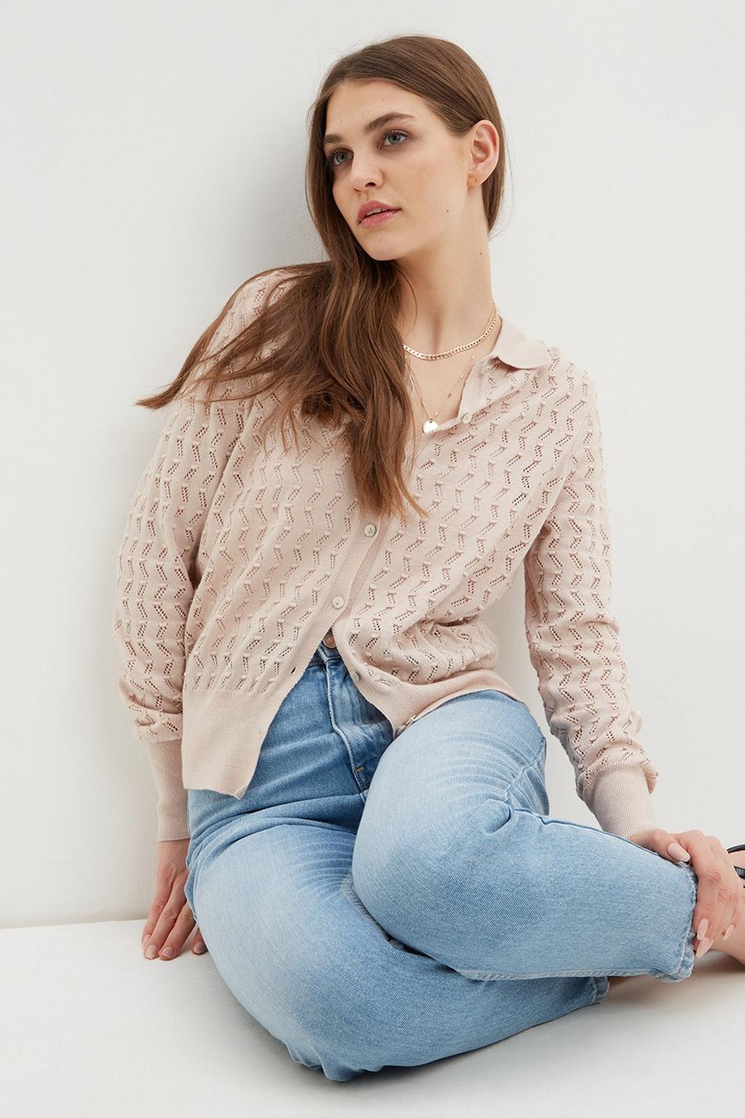 Taupe Pointelle Button Knitted Shirt  image number 1