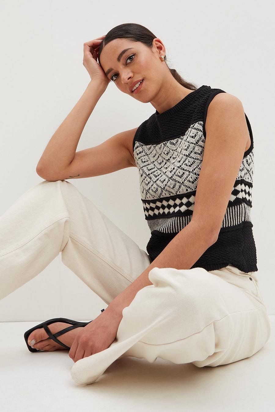Crochet Contrast Panel Knitted Top
