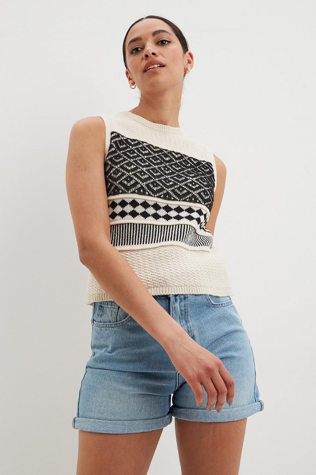 White Crochet Contrast Panel Knitted Top image number 1