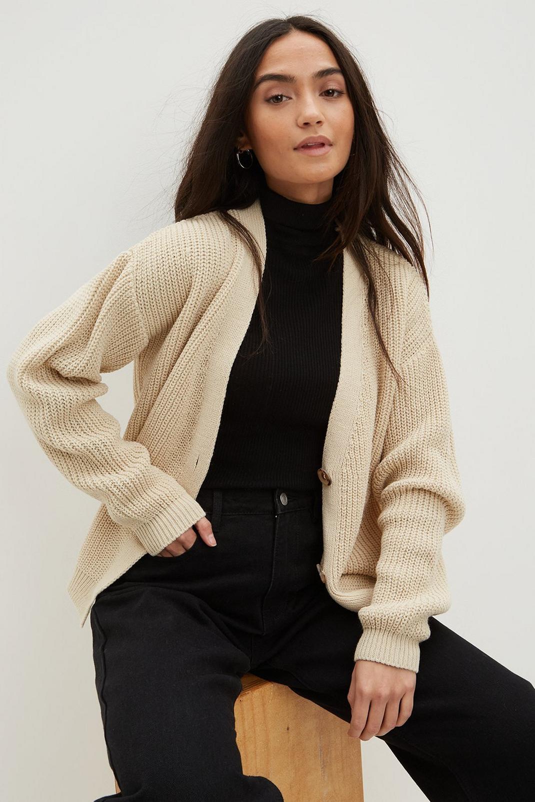 Neutral Petite Chunky Knit Button Through Cardigan image number 1
