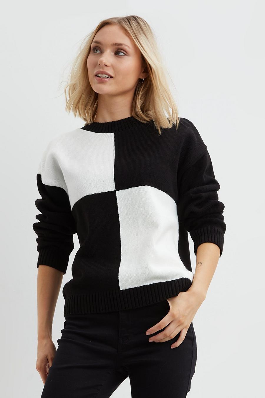 Petite Mono Large Check Knitted Jumper