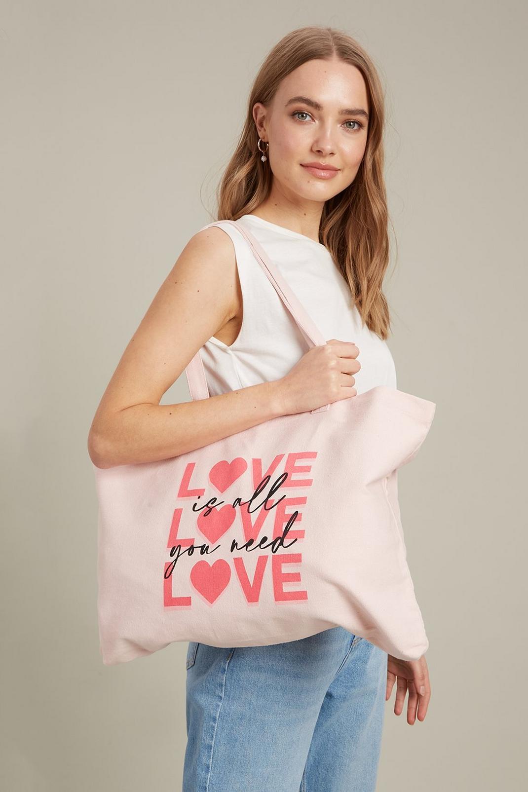 Pink Organic Cotton Love Slogan Tote Bag  image number 1