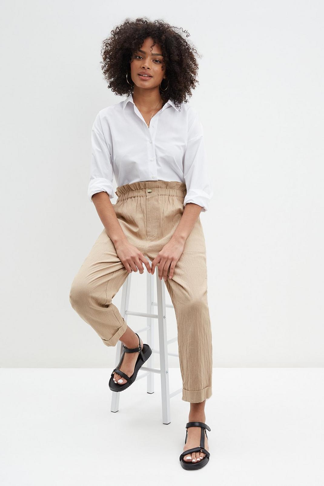 Stone Paperbag Tapered Linen Look Trousers image number 1