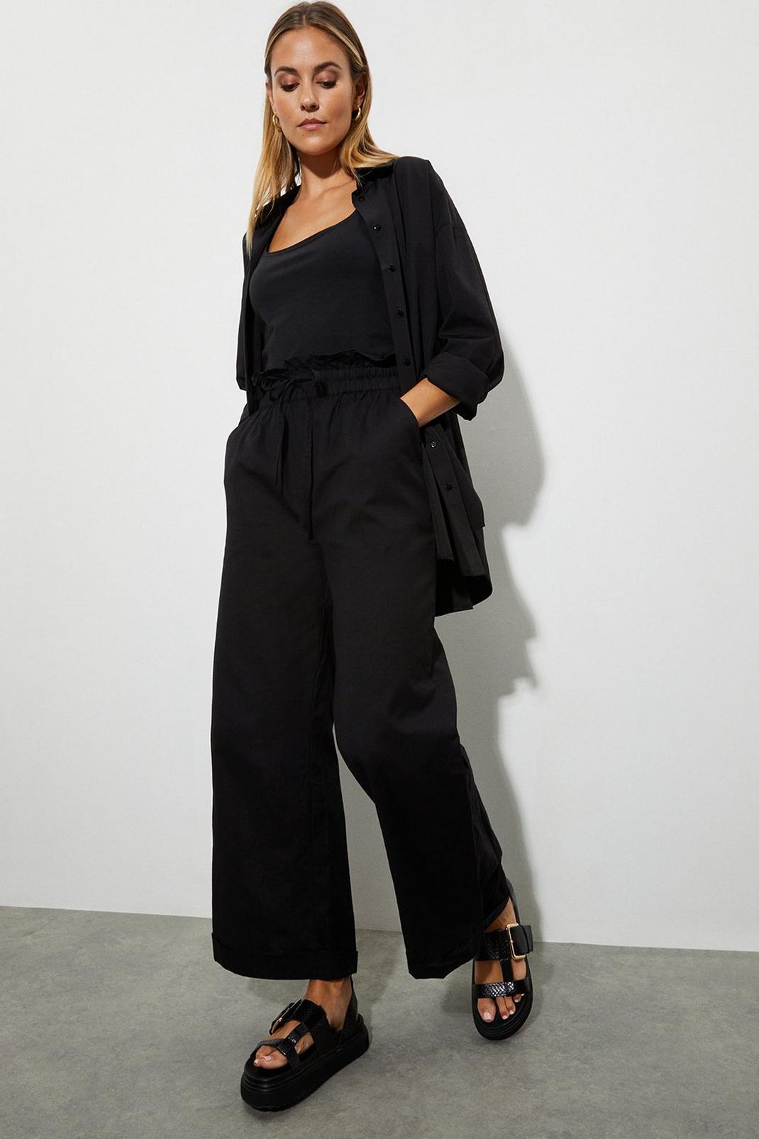 Black Wide Linen-Blend Trousers with Elastic Waist image number 1