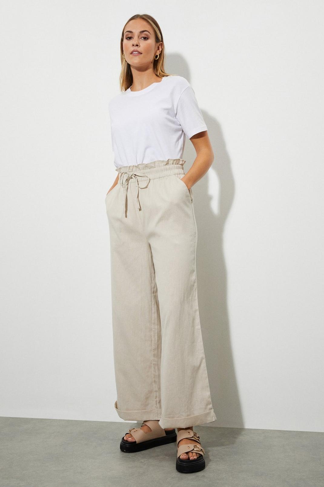 Oatmeal Wide Linen-Blend Trousers with Elastic Waist image number 1