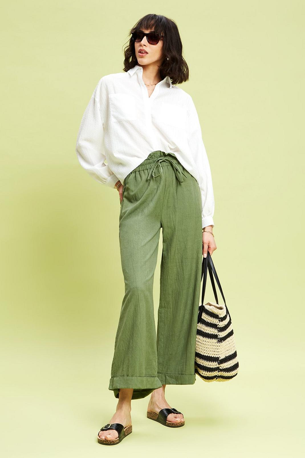 Sage Wide Linen-Blend Trousers with Elastic Waist image number 1