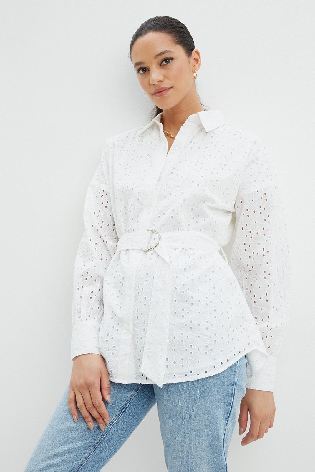 White Broderie Belted Shirt image number 1