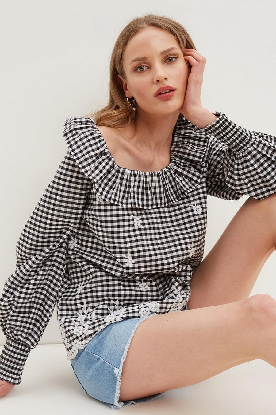 Embroidered Gingham Square Neck Top