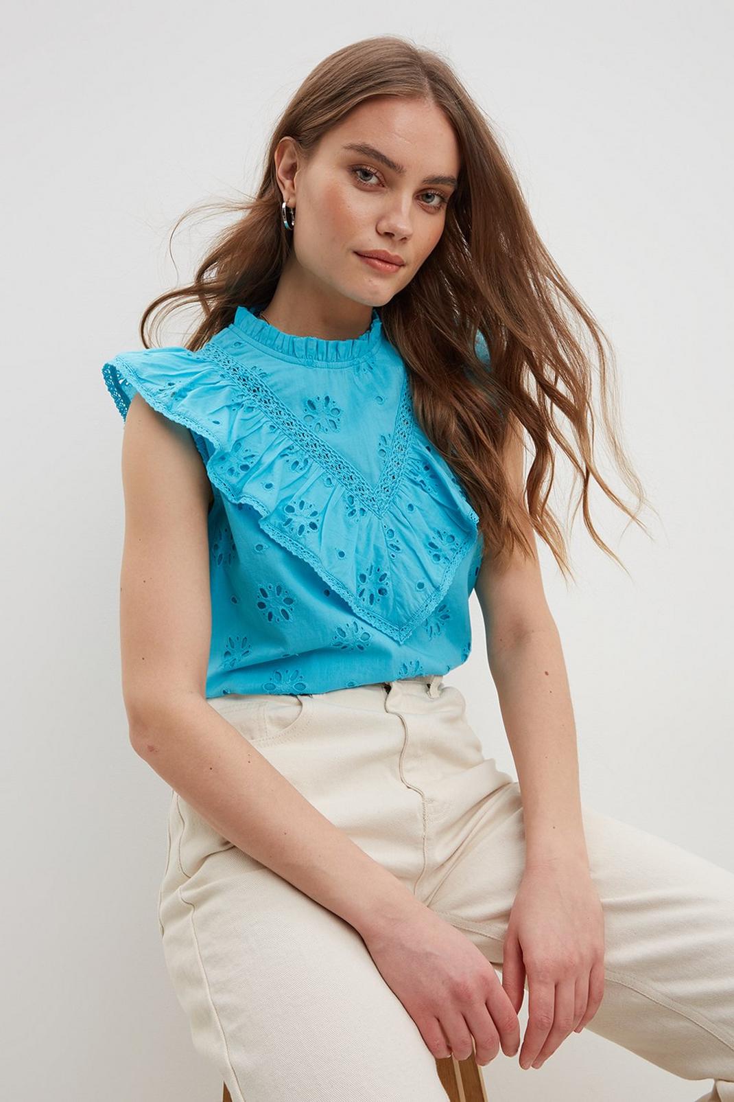 Blue Broderie Frill Shell Top image number 1