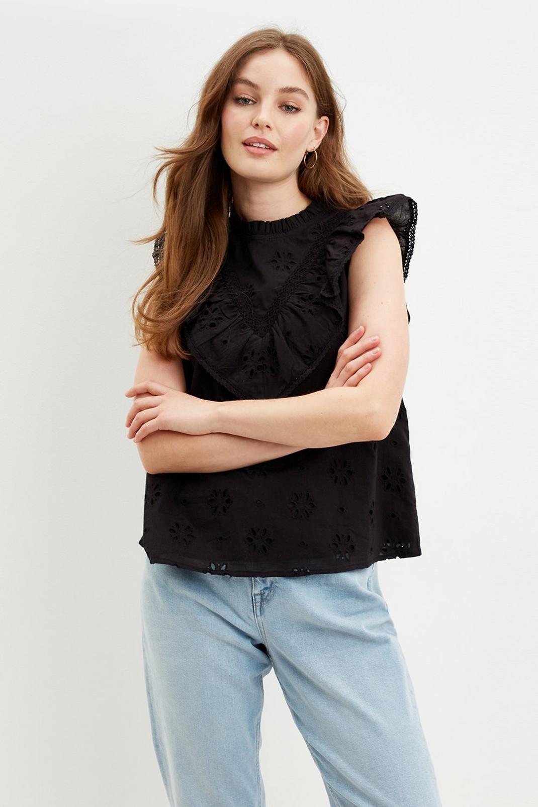 Black Broderie Frill Shell Top image number 1