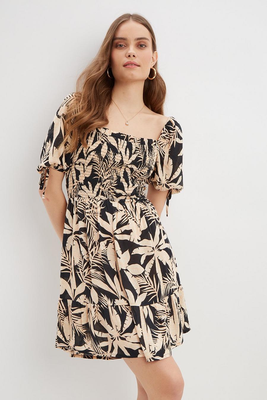 Tropical Crinkle Shirred Mini Dress