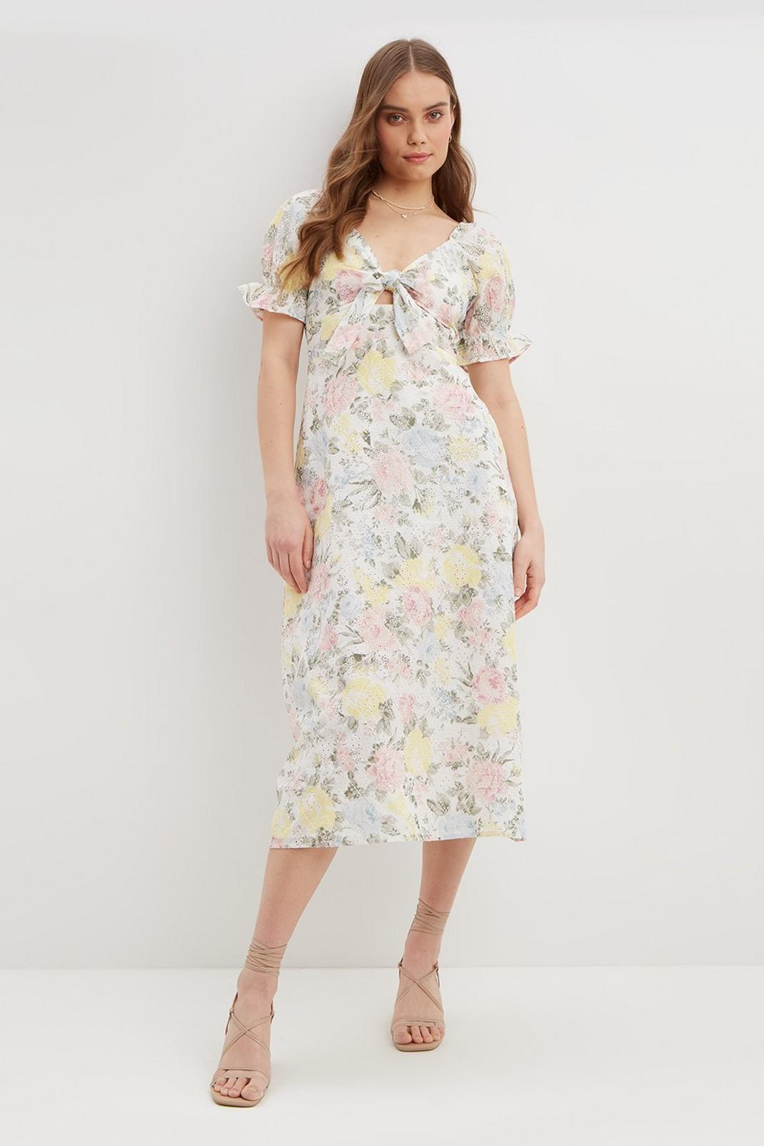 133 Floral Broderie Tie Front Midi Dress image number 2