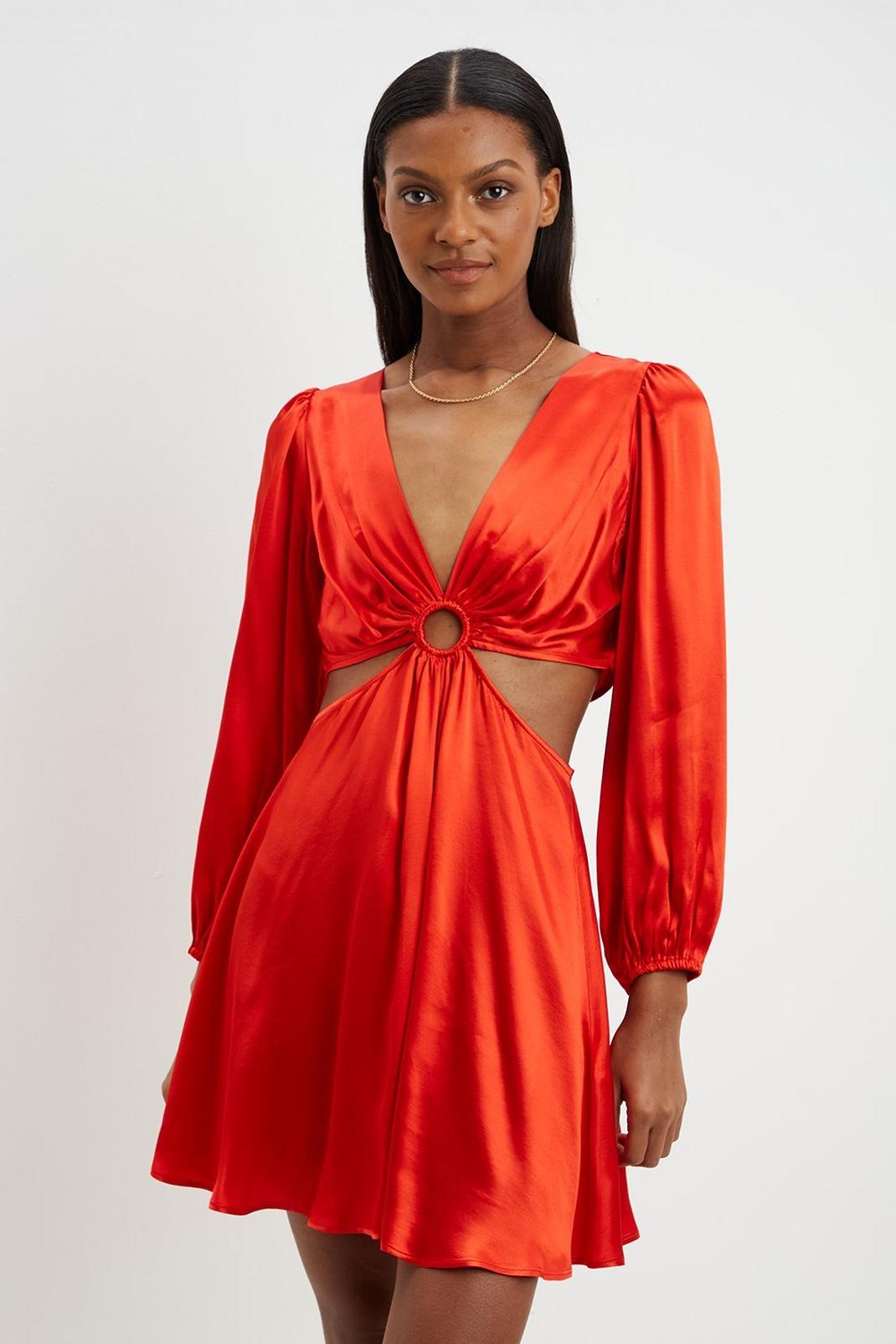 Red Satin Cut Out Ring Detail Mini Dress image number 1