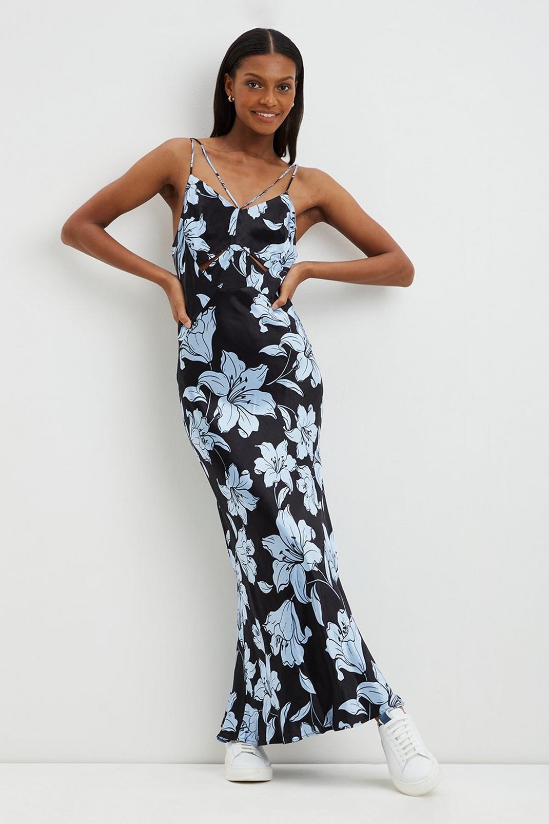 Black Premium Floral Satin Cut Out Slip Dress image number 1