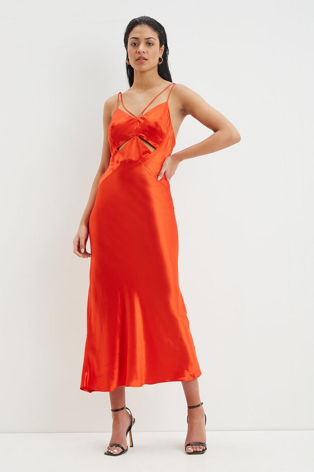 Red Premium Satin Cut Out Slip Dress image number 1