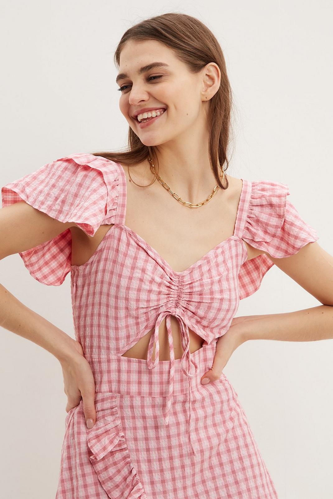Pink Ruched Gingham Frill Mini Dress image number 1
