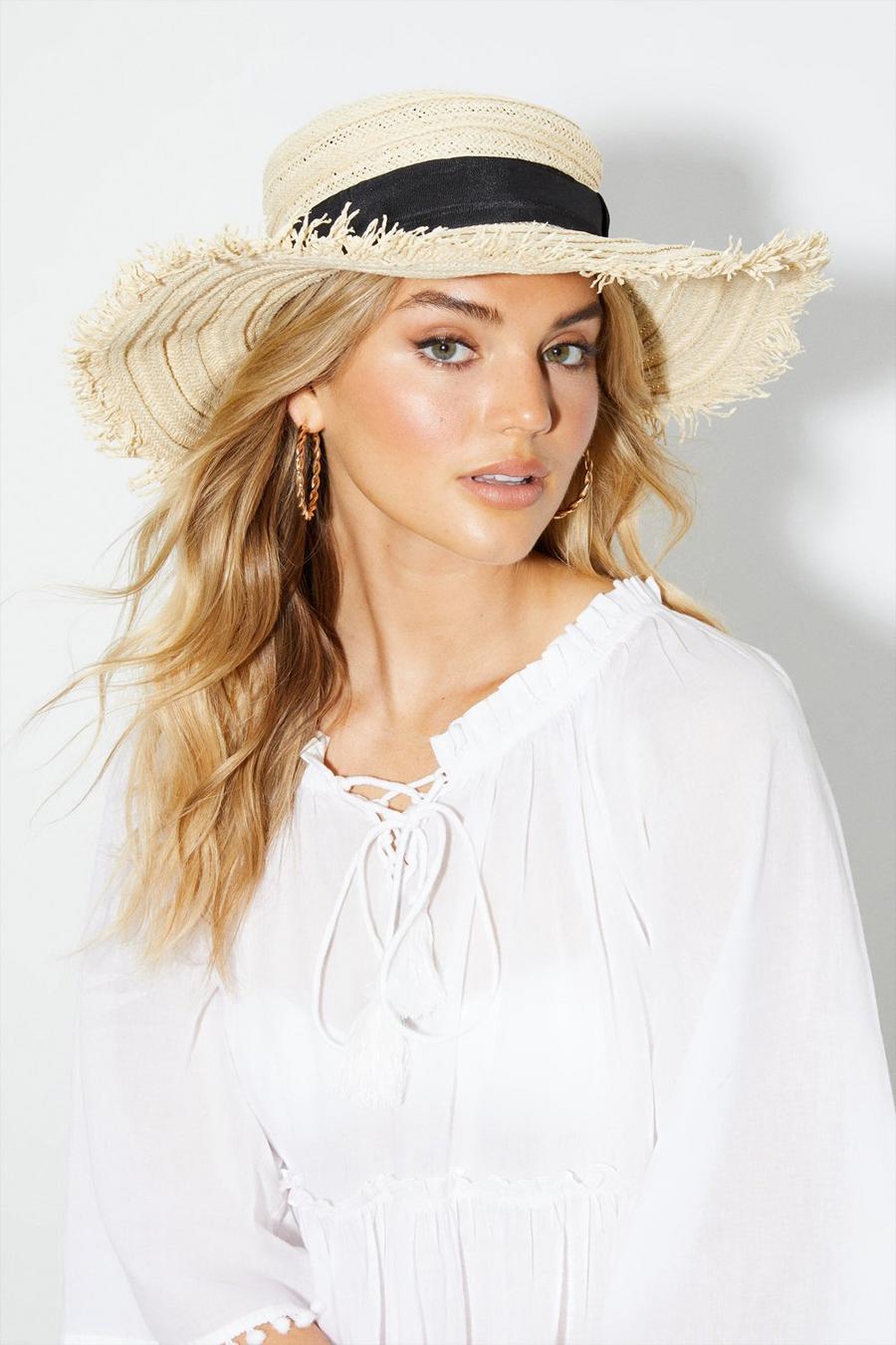 Beige Straw Boater Hat With Black Ribbon 