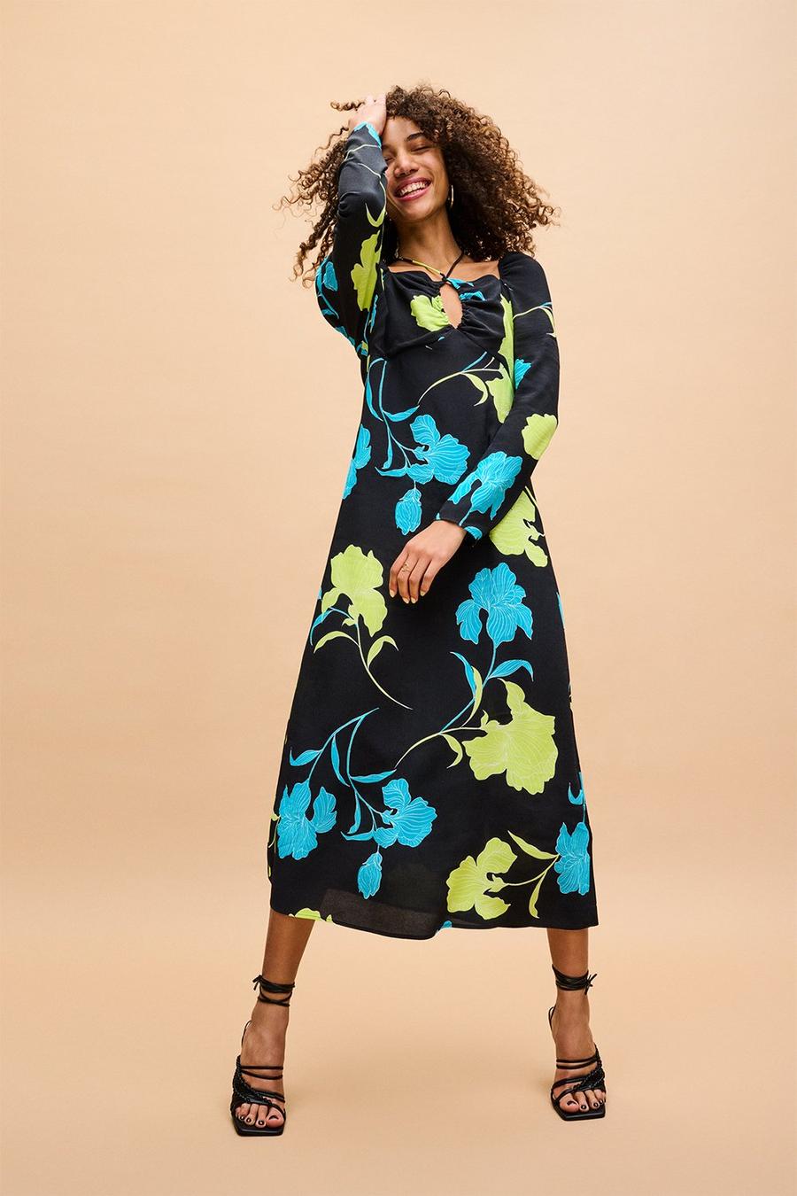 Lime And Blue Floral Midi Dress