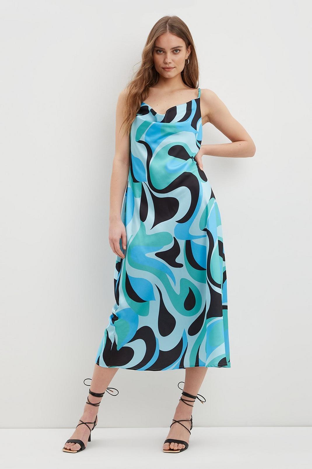 Blue Swirl Print Satin Cowl Neck Slip Dress image number 1