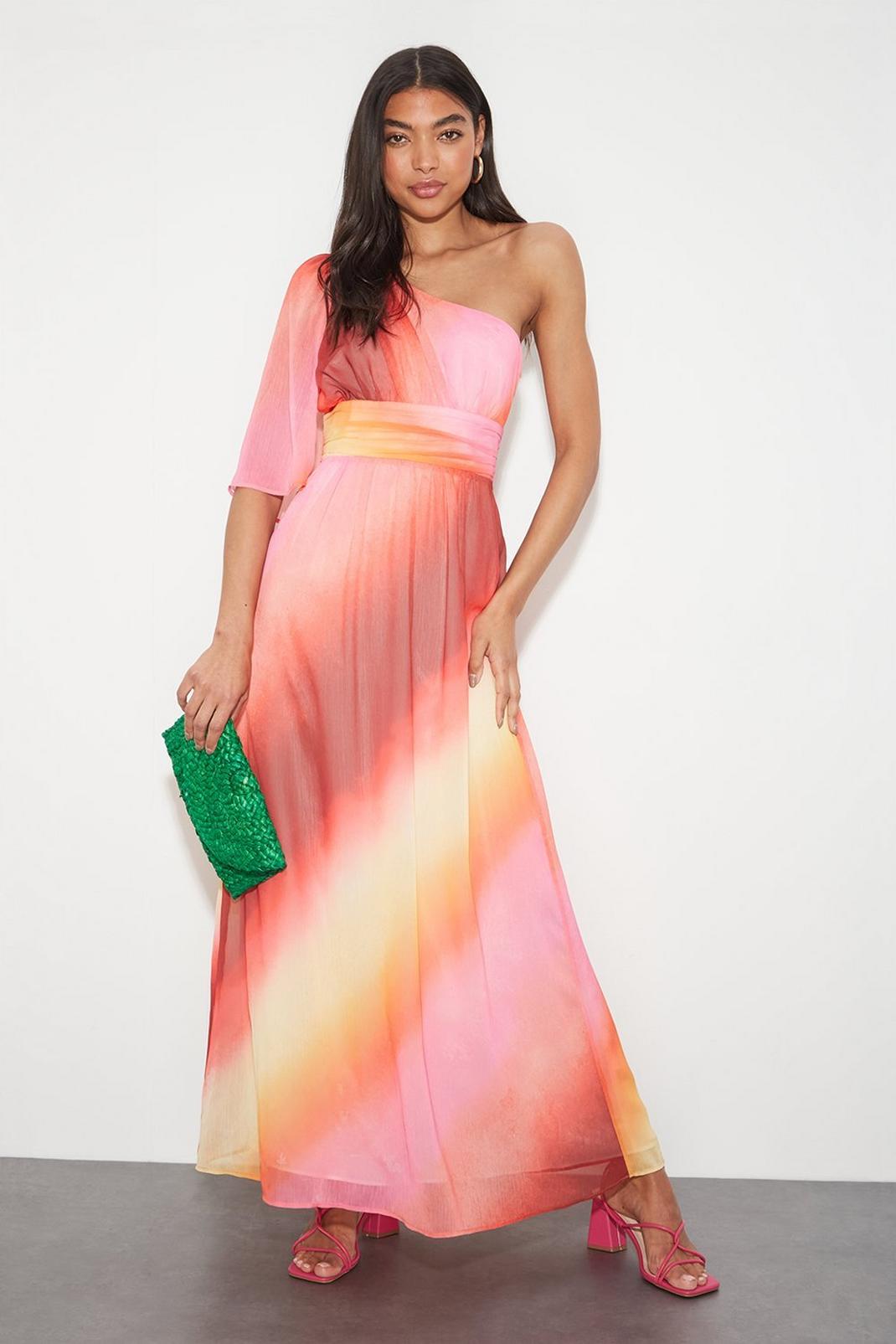 Multi Ombre Chiffon One Shoulder Maxi Dress image number 1