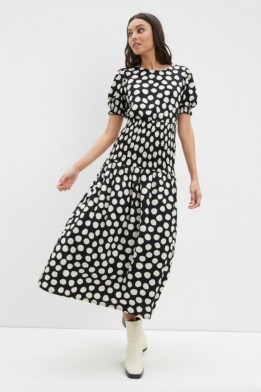 105 Black Spot Deep Shirred Waist Midaxi Dress image number 2