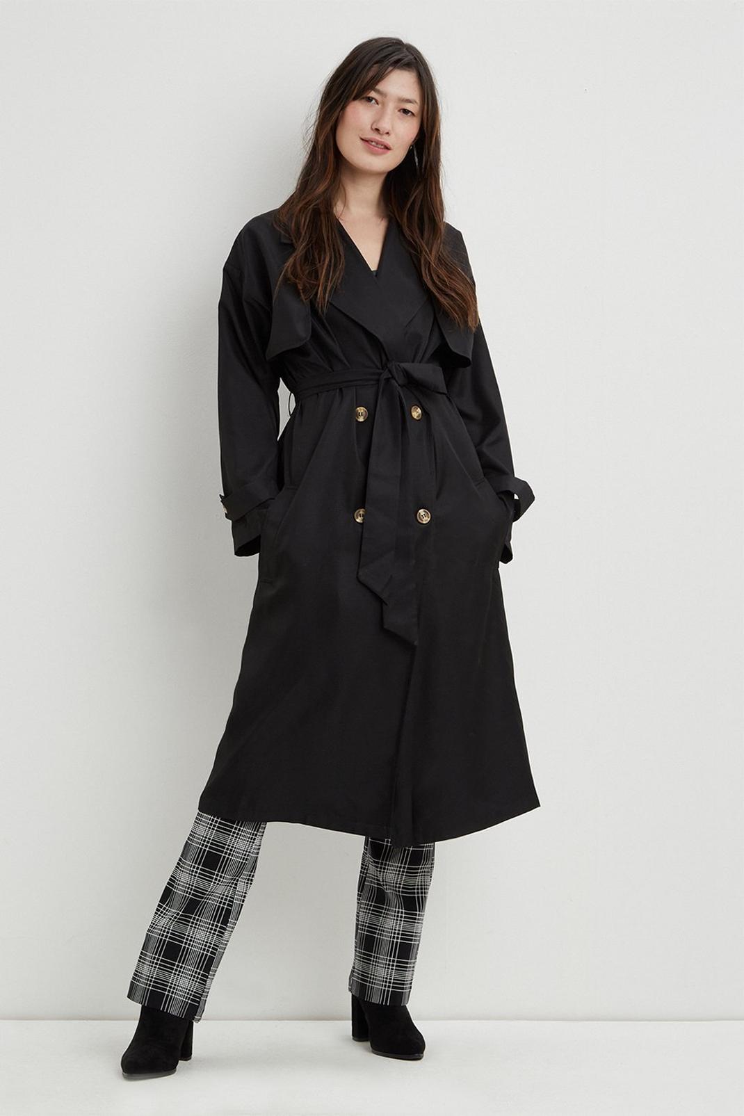 Black Petite Belted Button Cuff Trench Coat  image number 1